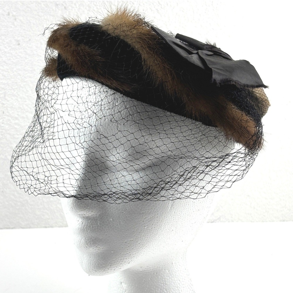 Vintage Pillbox Hat Womens OS Brown Black Mink Fur Velvet Veil Union Made MCM